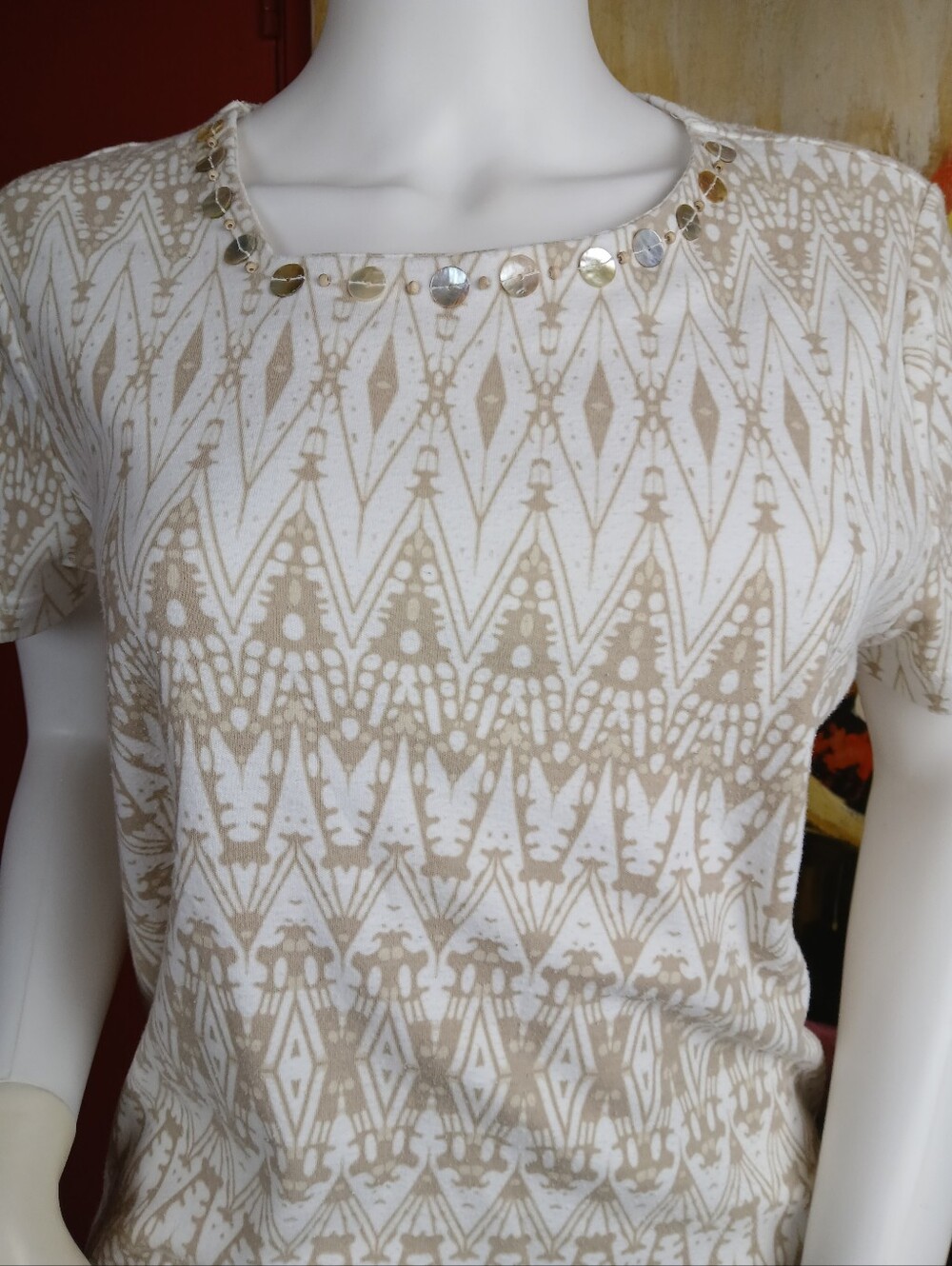 Bon Worth Beige & White Short Sleeve Tee with Mirror Accent